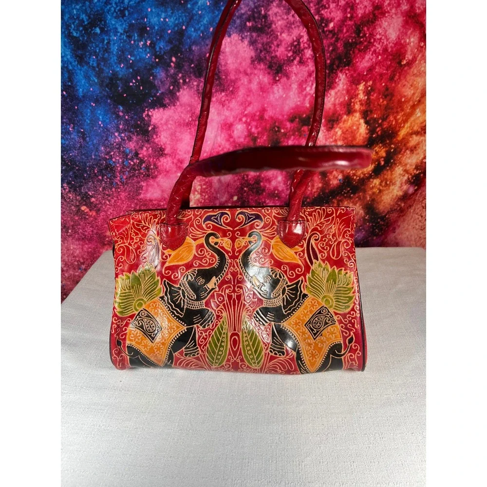 Patricia Nash Kavali Shantiniketan Leather Elephant Satchel Red Multi P812395